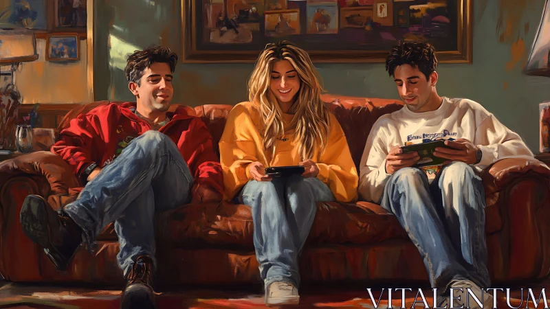 Three friends on worn sofa focused on handheld gaming devices