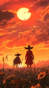 Cinematic sunset wanderers under amplified solar luminance.