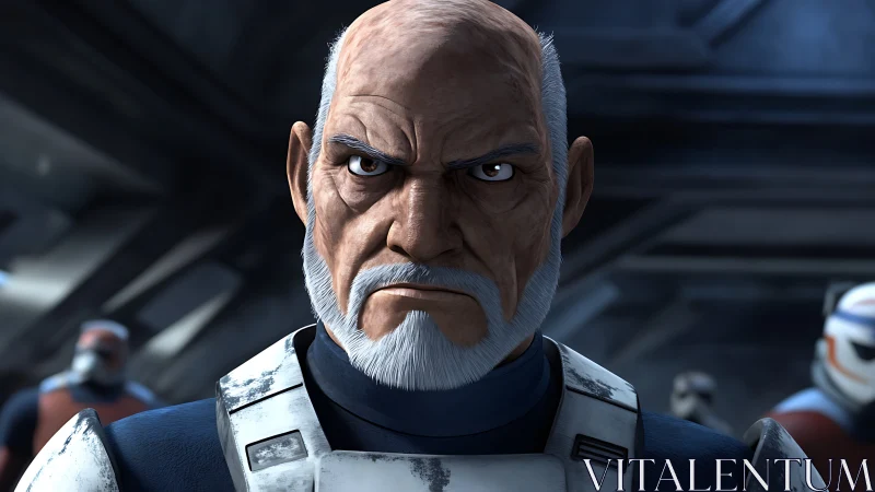 Aged military commander in stylized 3D armor under cool rim lighting