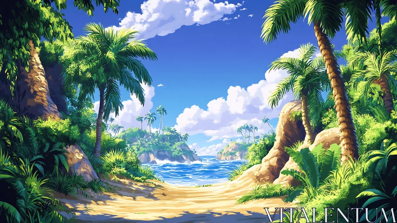 Tropical Beach Cove with Palm Trees and Ocean View