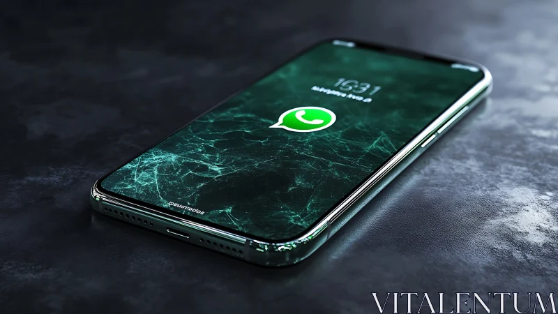 Smartphone displaying WhatsApp icon on dark stone surface.