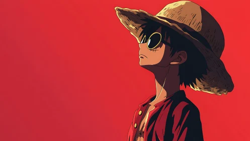Anime boy in straw hat against flat red backdrop.