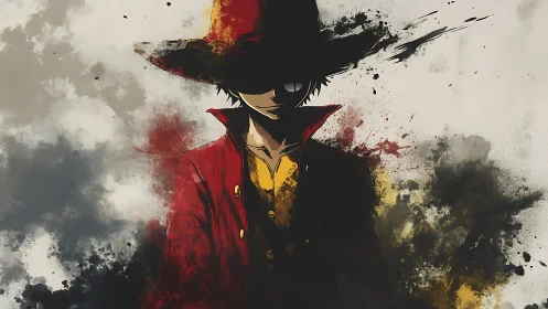 Silhouetted figure in red coat stands amid diffuse splashes