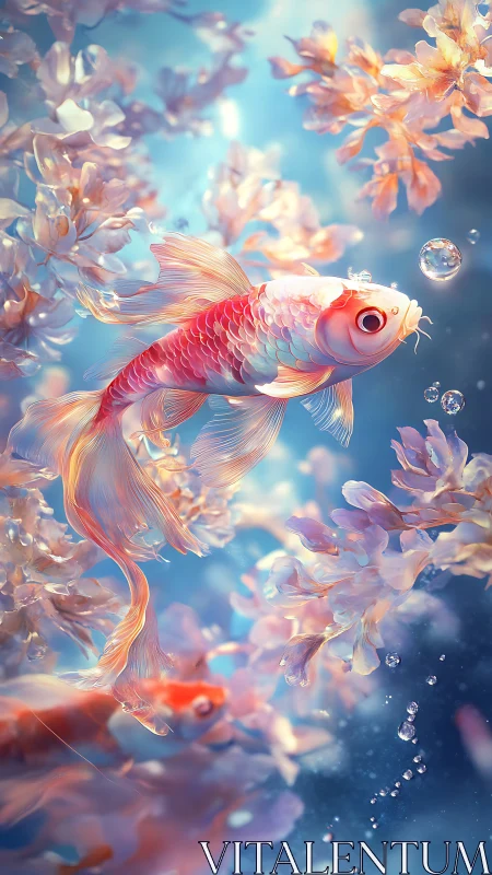 Iridescent koi drifts through pastel coral and rising bubbles