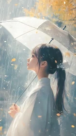 Girl holds white umbrella under gentle autumn rain