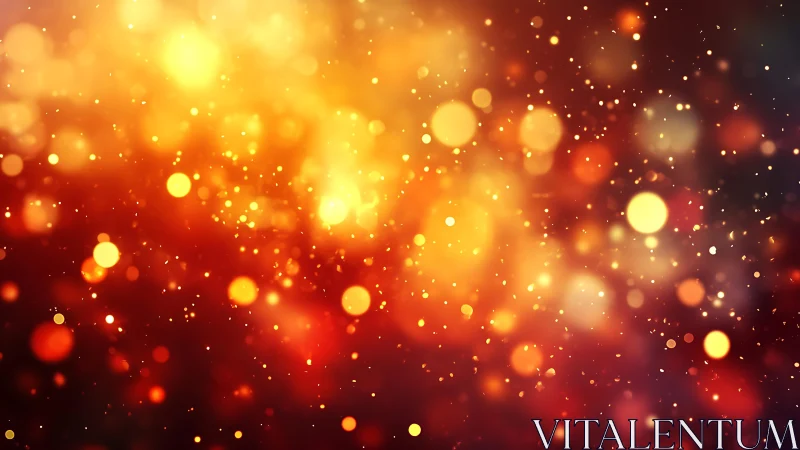 Glowing golden bokeh lights on warm red abstract background.