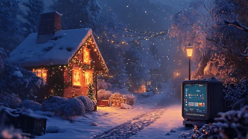 Snowy winter cottage street with glowing smart kiosk at dusk