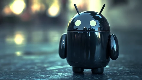 Glossy black android mascot under soft urban bokeh light.