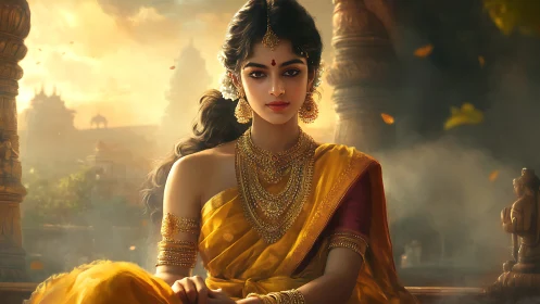 Elegant Indian Woman in Traditional Attire Amidst Temple Scenery.
