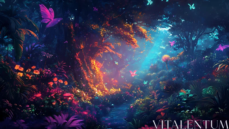 Bioluminescent Forest with Glowing Flora and Butterflies.