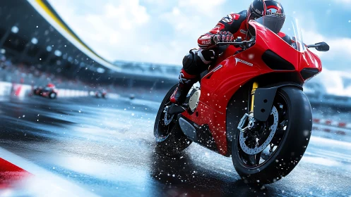 High-speed superbike leans into wet racetrack apex under dynamic spray