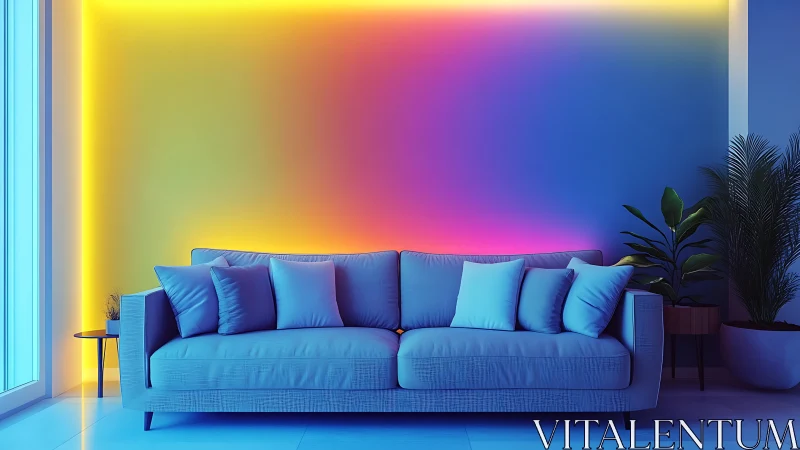 Modern sofa sits before vivid gradient neon wall lighting