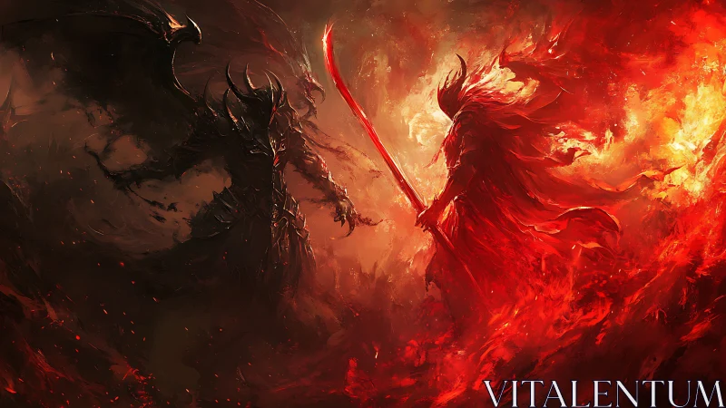 Dual armored figures confront in high contrast fiery void