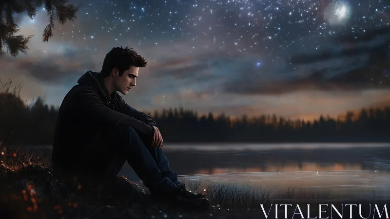 Solitary figure sits by a calm lakeshore under a star field
