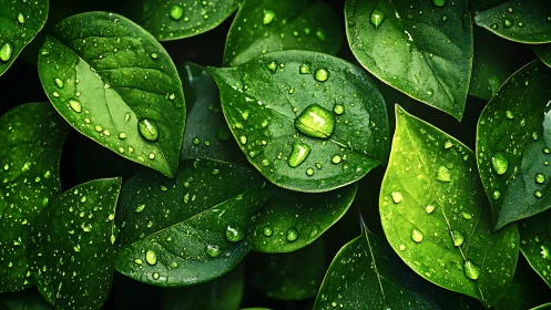 Dew-covered green leaves forming vivid fresh foliage pattern.