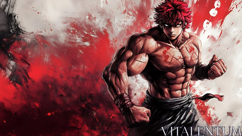 Red-haired anime fighter stands against violent red storm