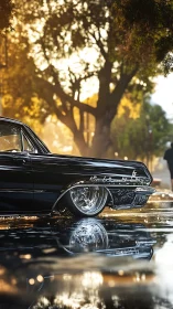 Lowrider rear quarter in golden hour reflection on wet street