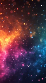 Soft cosmic sparkles drift through a rainbow night sky.