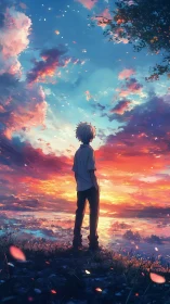 Solitary figure viewing multicolored sunset over water.