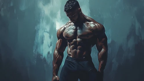 Muscular male figure stands shirtless against textured wall