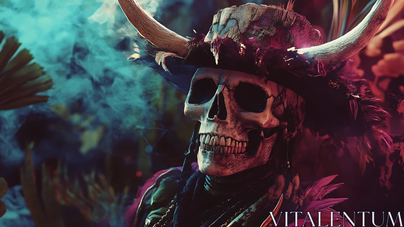 Horned skeletal shaman in neon smoke with cinematic lighting.