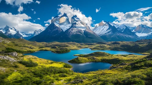 Snowbound granite peaks crown vivid turquoise glacier lakes.