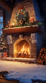 Snow-dusted stone fireplace with lit Christmas wreath and candles