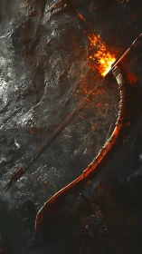 Flaming war bow and arrow on molten rock backdrop, digital painting.