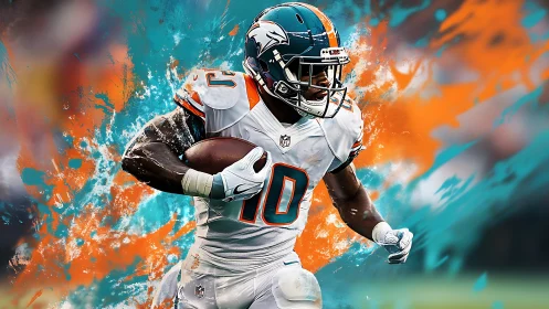 Explosive football runner charges forward through vivid color bursts