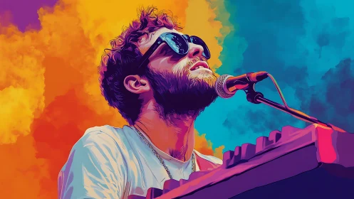 Synth musician in neon chromatic portrait against vibrant clouds