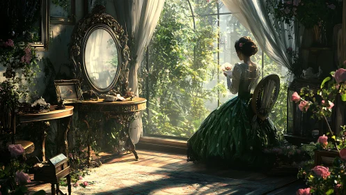 Woman in green dress sits by sunlit garden window