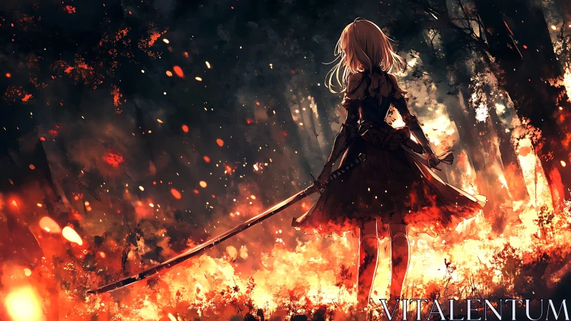 Swordlight girl standing calm within a forest of embers.