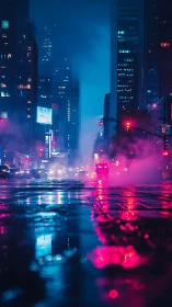 Neon drenched cyberpunk avenue dissolves into mist and reflection