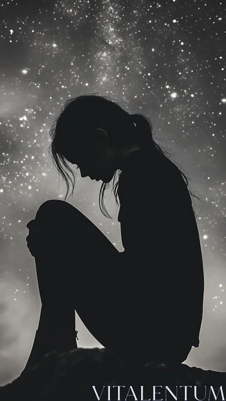 Silhouetted dreamer curls into quiet thought beneath galaxies