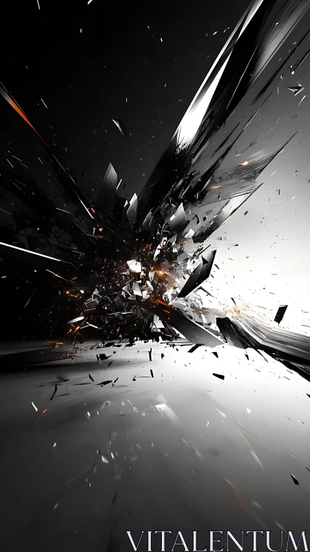 Shattered metallic shards in dynamic monochrome explosion.