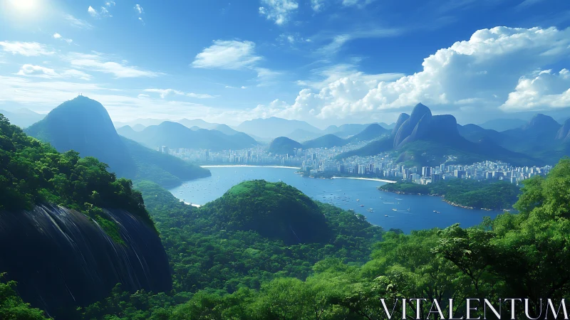 Lush coastal city embraces blue bay and dramatic mountains.