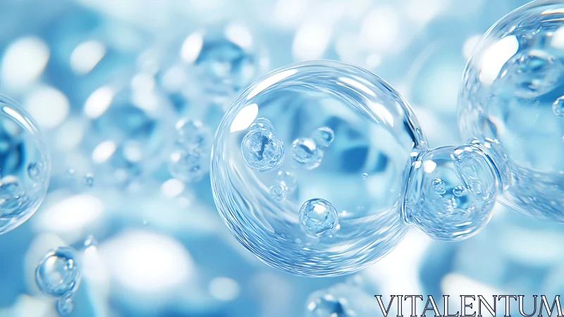 Transparent liquid bubbles in light blue abstract background.