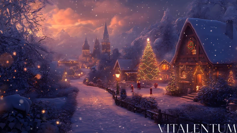 Snow-covered village street with illuminated Christmas tree at dusk