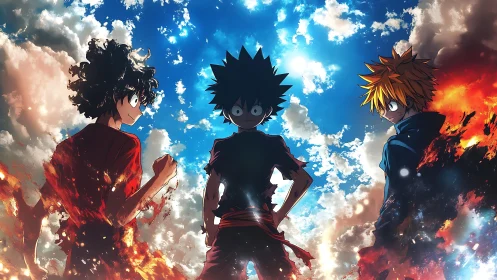 Triad of anime fighters framed by flaming cloudscape.