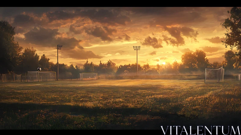 Golden hour soccer field where daylight lingers softly.