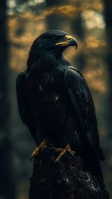 Dark eagle perches in soft forest light, feathers glossy