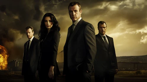 Four suited investigators stand before burning industrial skyline