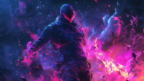 Neon-cloaked specter emerging through ultraviolet flames.