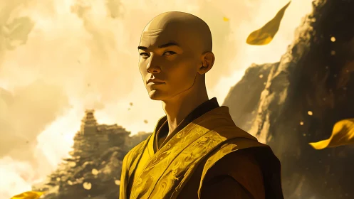 Monastic guardian under golden storm-lit mountain sky.