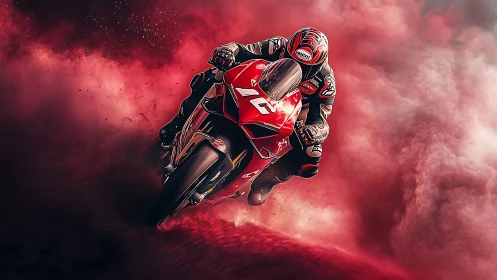 Red racing motorcycle leaning into a cloud of swirling speed.