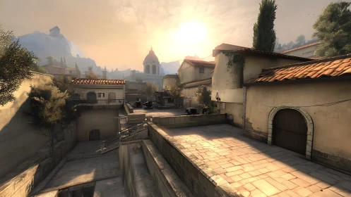 Mediterranean courtyard geometry under volumetric game lighting.