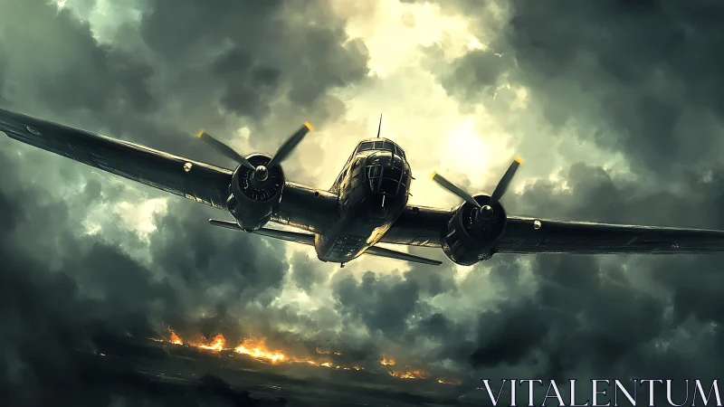 Storm-forged warplane diving through ember-lined thunderheads.