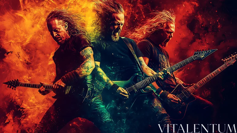 Triple exposure metal guitarists in blazing firestorm colors.