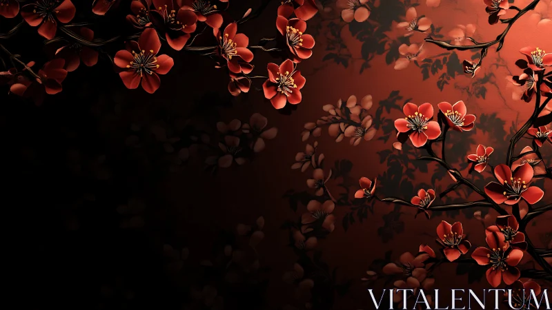 Red Cherry Blossoms Against Black Night Sky