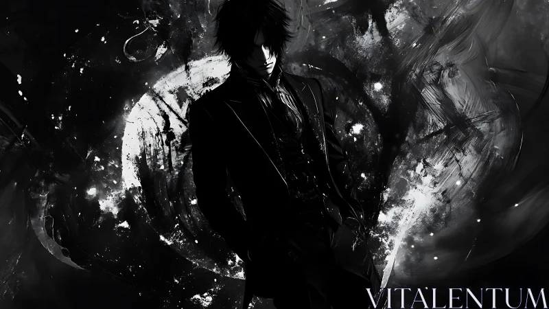 Dark suited figure before abstract monochrome vortex form.